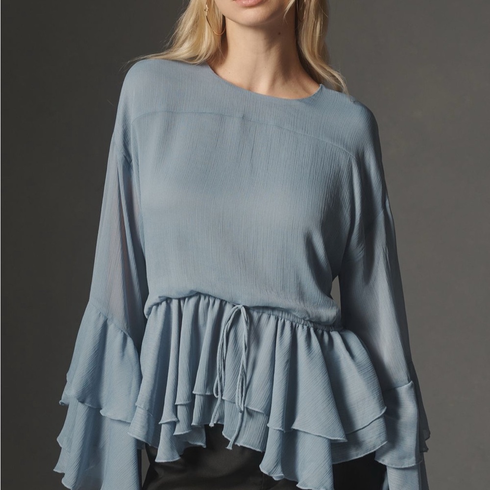 By Anthropologie Long Sleeve Ruffle Tunic Color Slate Blue Size L NWT - sold out